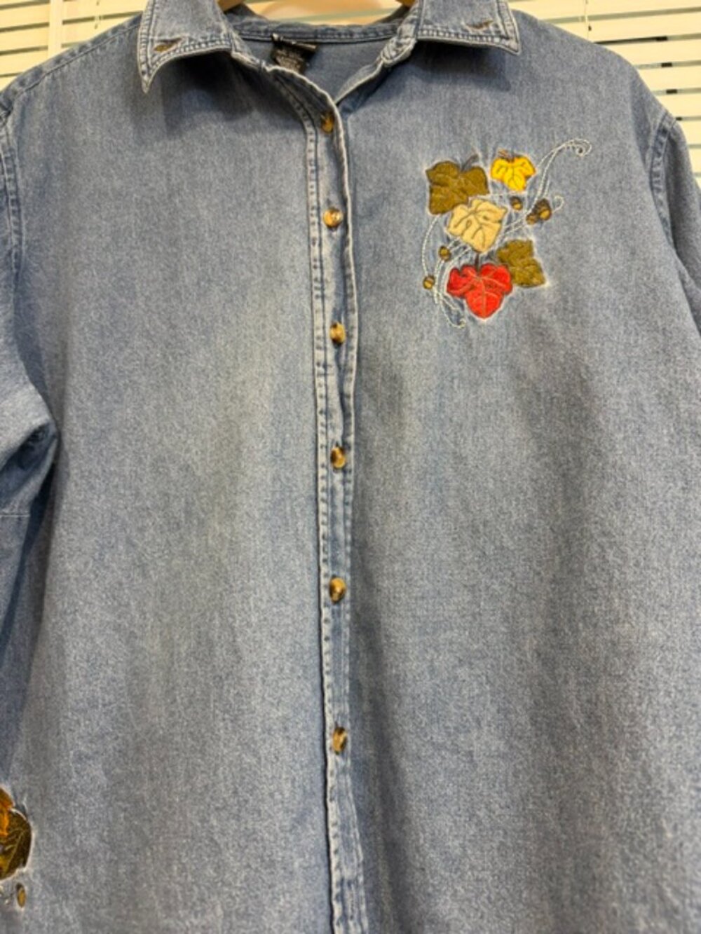 Vintage 90s Fall Leaves Embroidered Cotton Button Down Shirt Blue 2X - Picture 11 of 16